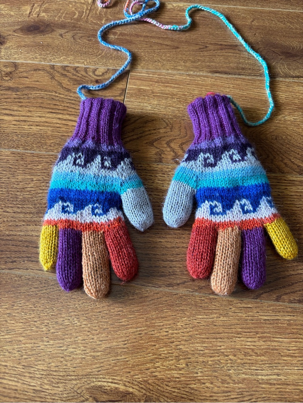 Alpaca wool Colorful Striped Knit Kids Mittens with Connecting Cord